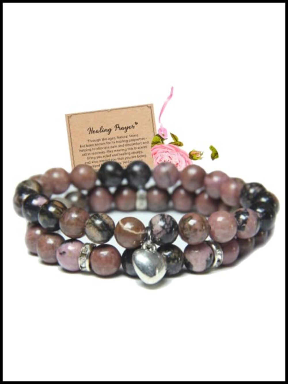 2 Pcs Healing Crystal Bracelets Rhodonite Natural Stone Beaded Stress Relief